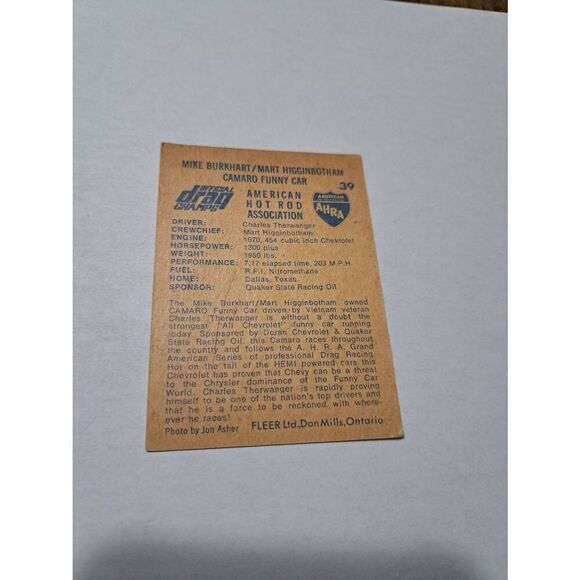 1971 Fleer Mike Burkhart Mary Higginbotham Camaro Funny Car Trading Card #39 - Picture 2 of 2